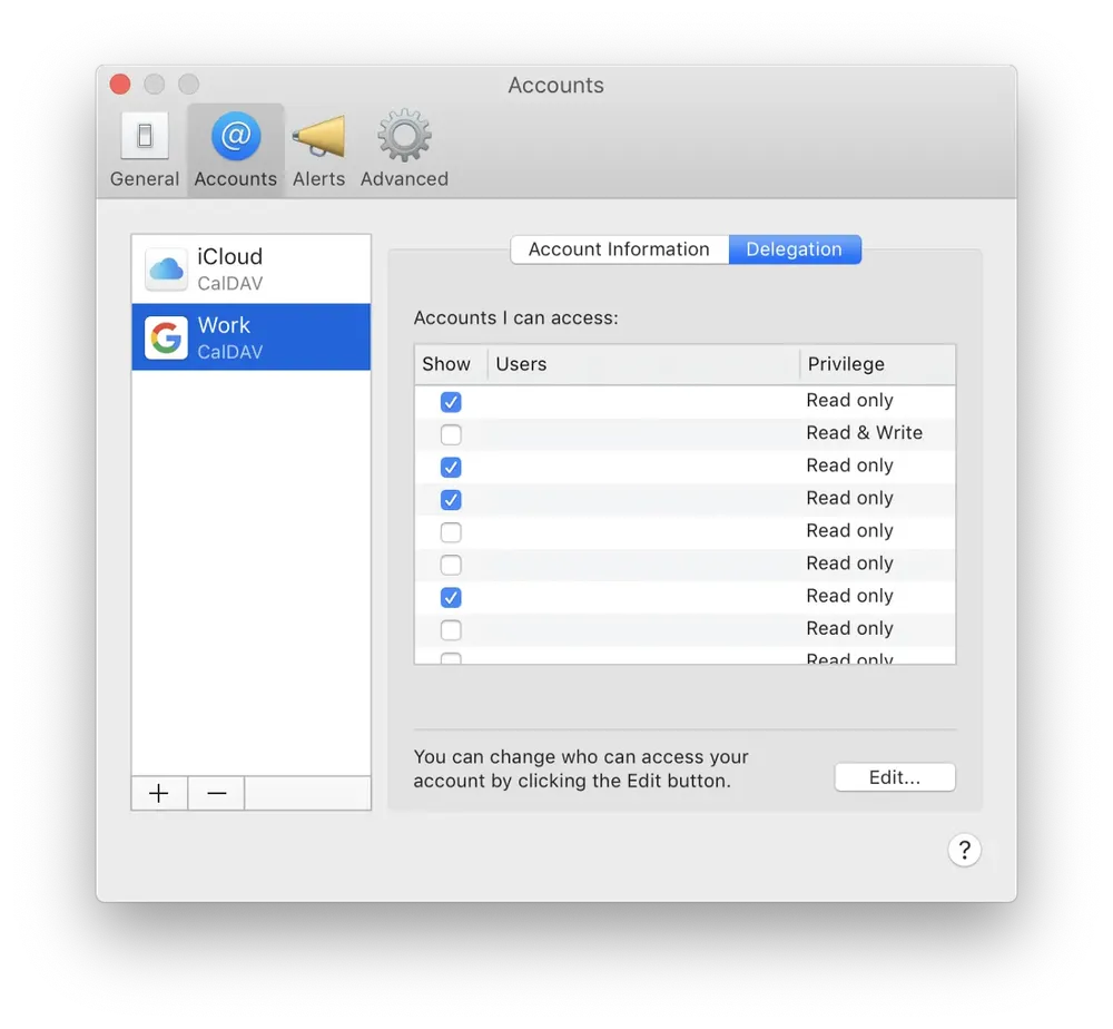 Screenshot of the preferences window for the Calendar app on macOS, showing delegation and calendar-sharing options for work accounts.