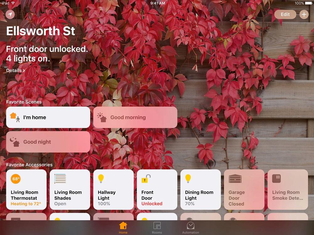 Screenshot of Apple Home running on an iPad, showing new iOS 10 design language elements with larger headers and clear button shapes for home accessories and scenes.