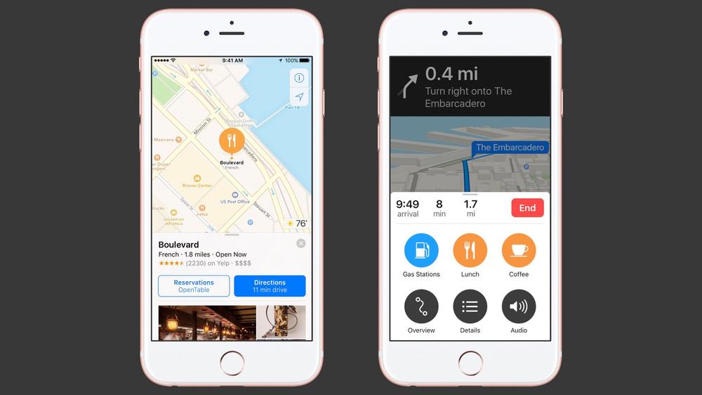 Two screenshots of Apple Maps running on iPhones, showing the larger type styles and clearly defined buttons that are different from Apple’s previous design language as of iOS 10.