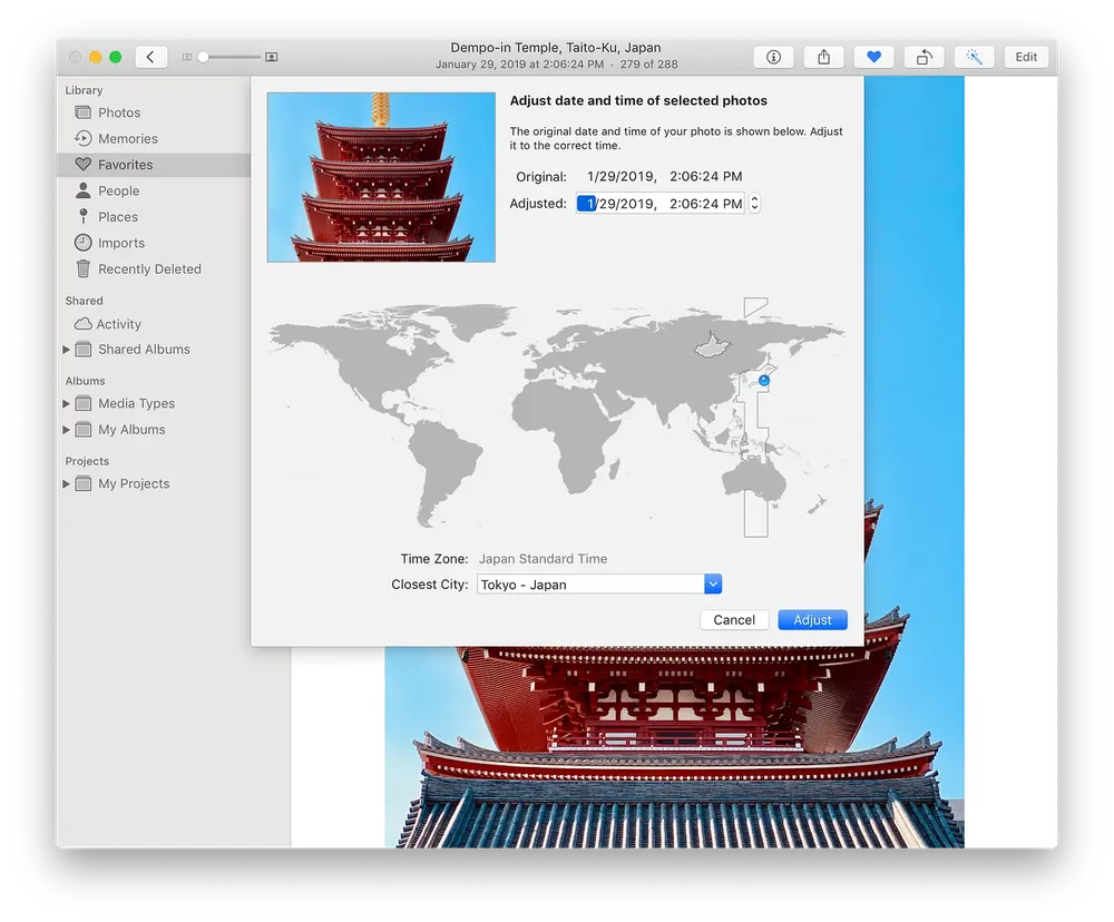 Screenshot of Apple Photos, showing features to adjust date, time, and location metadata for a photo.