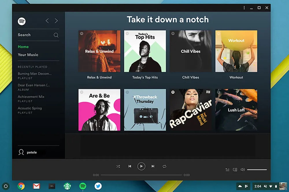 Screenshot of Chrome OS running the Spotify progressive web app.