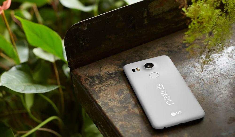 Photograph of a white Google Nexus 5X device resting on a table, flanked by plants.
