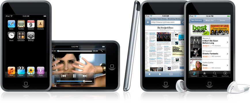 Product promotional image of several iPod touch devices, lined up to showcase various features like video playback, web browsing, and the iTunes Store.