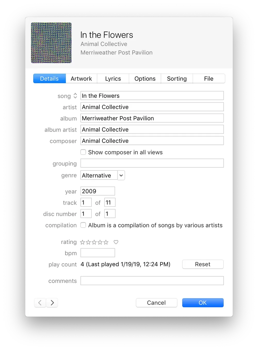 Screenshot of the iTunes track metadata editor with lots of fields and options. The track is “In the Flowers” by Animal Collective.