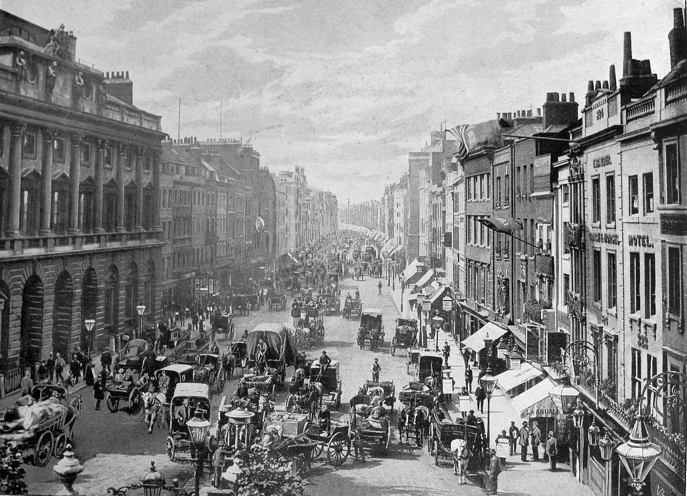 A scene of urban life in the 1800s.