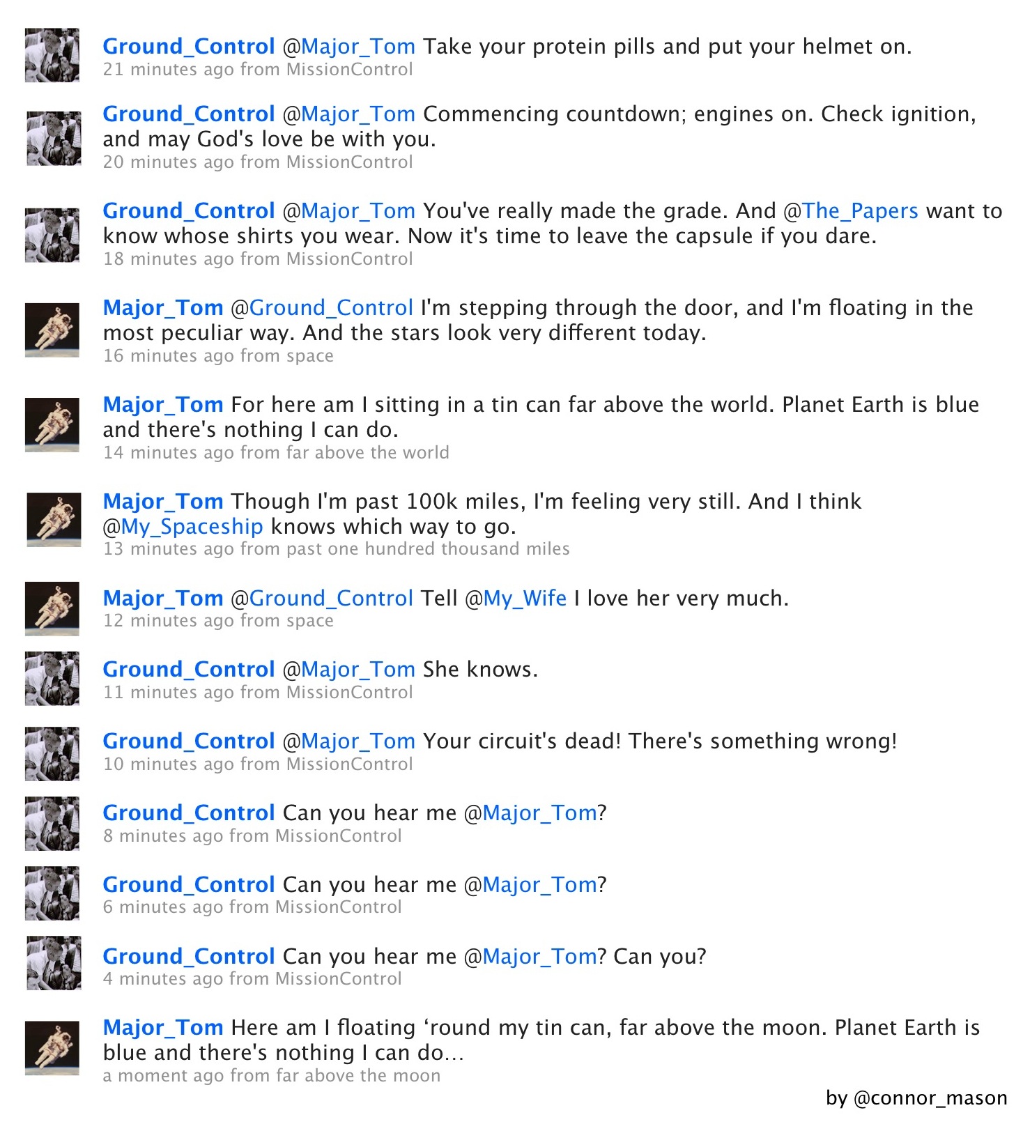Screenshot of a Twitter exchange between Major Tom and Ground Control, recreating the lyrics of 